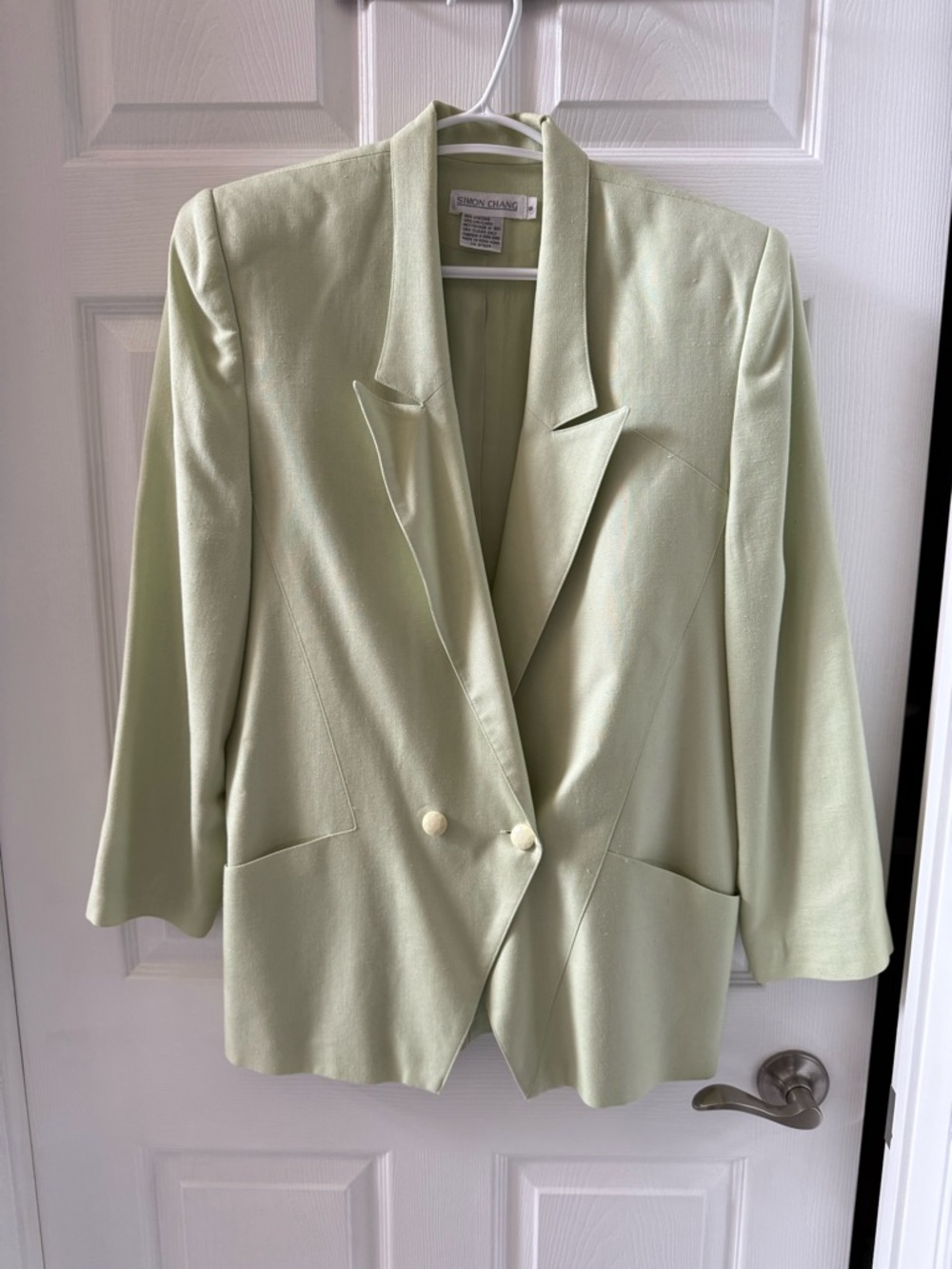 Simon Chang Women's Light Green Double-Button Blazer and Skirt Set